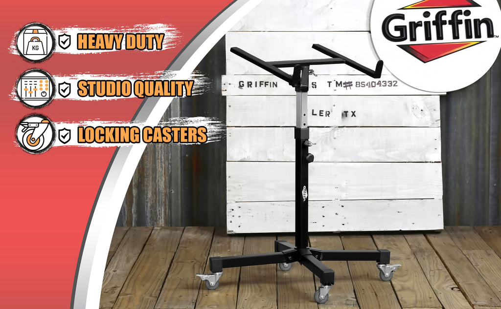 Studio Mixer Stand DJ Cart by GRIFFIN | Rolling Standing Rack On Casters with Adjustable Height | Portable Turntable Holder | Mobile Mount For Digital Drum Machine, Mixing Audio Gear & Music Equipment GeekStands.com