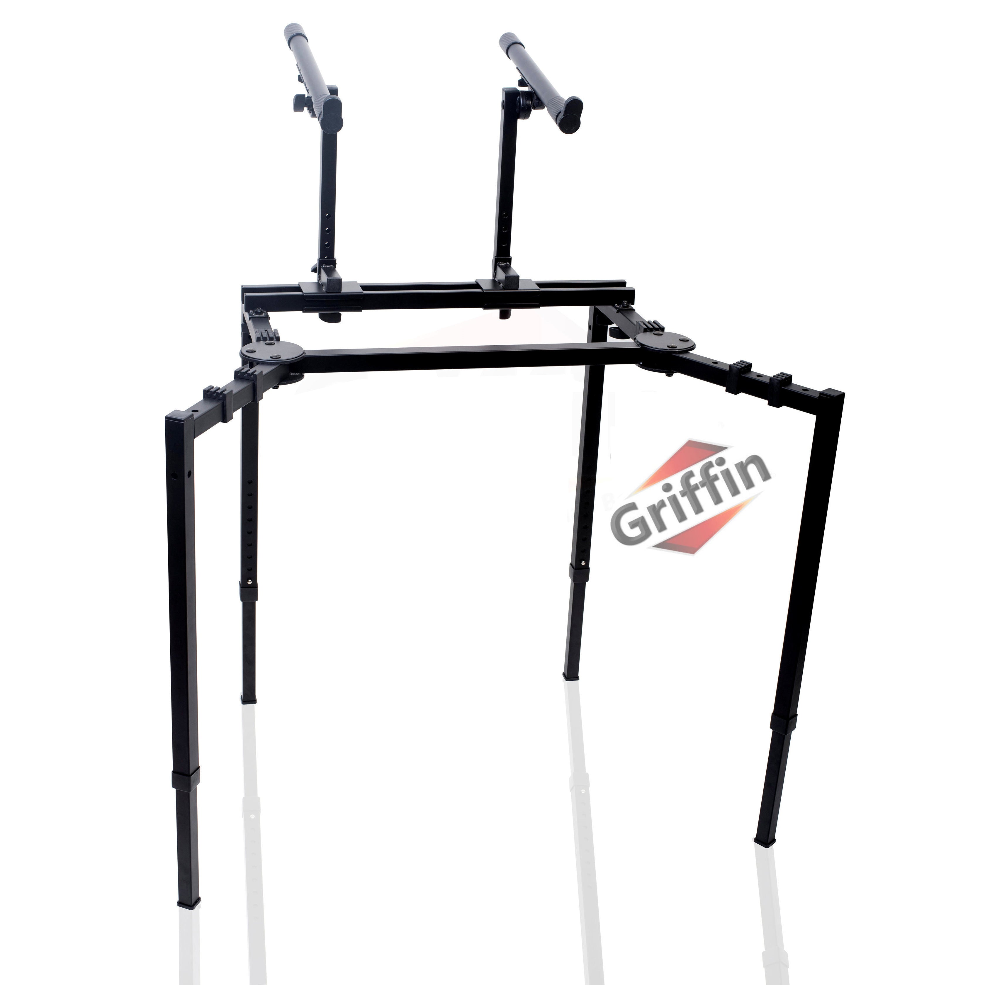Double Piano Keyboard & Laptop Stand by GRIFFIN | 2 Tier/Dual Portable Studio Mixer Rack for Turntables, DJ Coffins, Speakers, Digital Audio Gear & Music Equipment | Folding Stage Mount Multi Platform GeekStands.com
