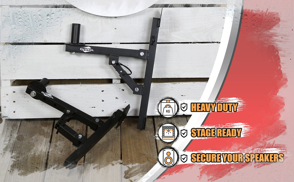 Premium PA Speakers Wall Mount Brackets By GRIFFIN | Set Of 2 All Steel Pro-Audio Speaker 35mm Pole Holder | Securing Locking Pin & 3 Horizontal Level Tilt Adjustments | On Stage Studio Monitor Stands GeekStands.com