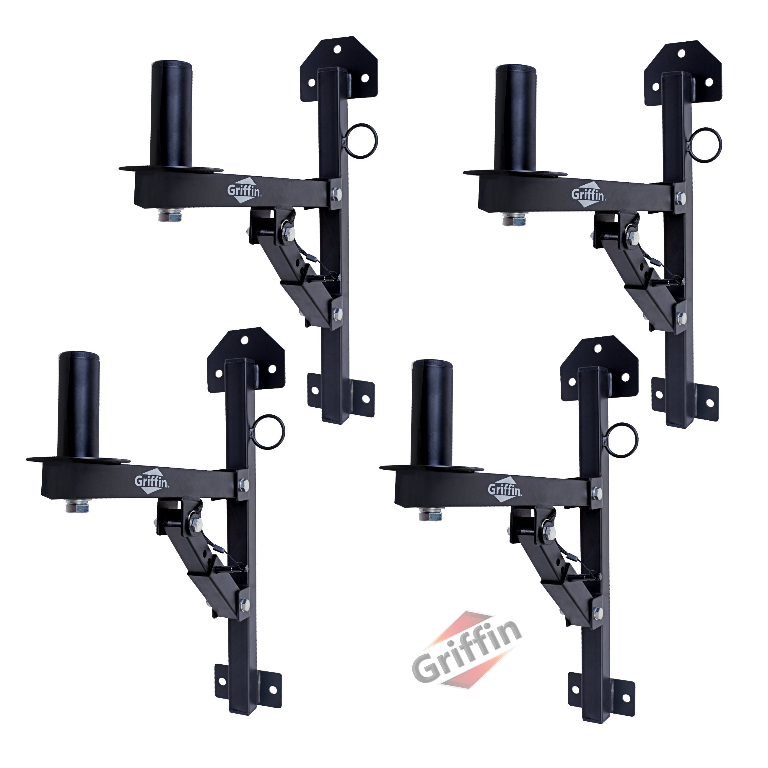 Wall Mount Brackets for PA Speakers (4 PACK) by GRIFFIN - Securing Locking Pin & 3-Level Tilt Adjustments - All-Steel DJ Studio Monitor Stands with 35mm Pole Holder for Pro-Audio GeekStands.com