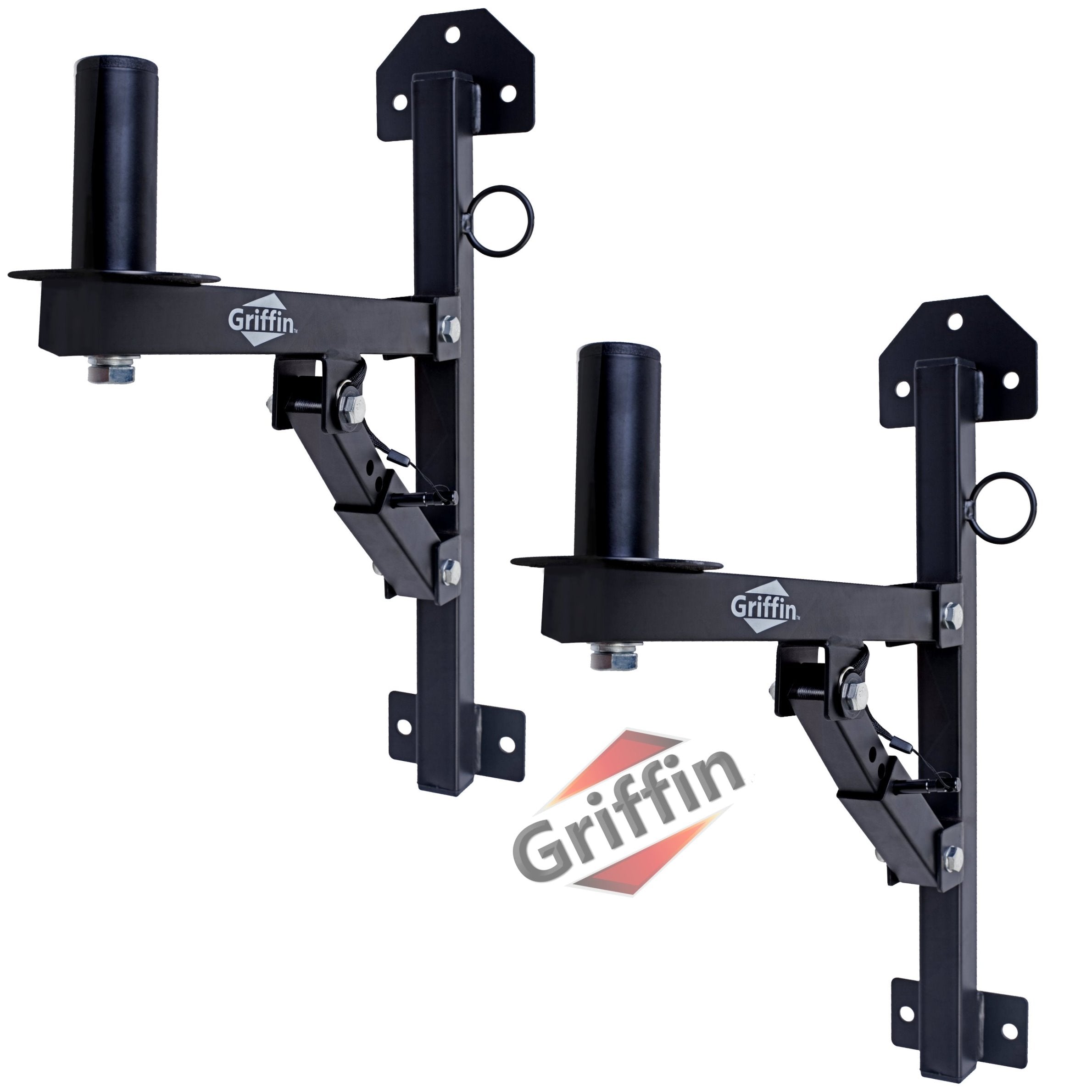 Premium PA Speakers Wall Mount Brackets By GRIFFIN | Set Of 2 All Steel Pro-Audio Speaker 35mm Pole Holder | Securing Locking Pin & 3 Horizontal Level Tilt Adjustments | On Stage Studio Monitor Stands GeekStands.com