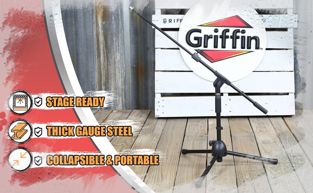 Short Microphone Stand with Boom Arm by GRIFFIN | Low Profile Tripod Mic Stand Mount for Kick Bass Drum, Studio Desktop Recording, Singing, & Guitar Amplifiers | Small Height Telescoping Boom Holder GeekStands.com