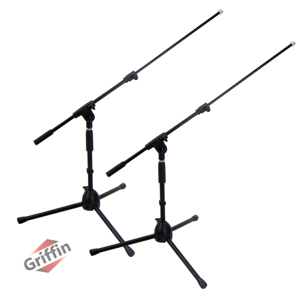 Low-Profile Microphone Stand (2 PACK) by GRIFFIN - Short Tripod Mic Stand Mount with Boom Arm for Kick Bass Drum, Studio Desktop Recording, Singing & Guitar Amplifiers - Small Height Telescoping Holder GeekStands.com