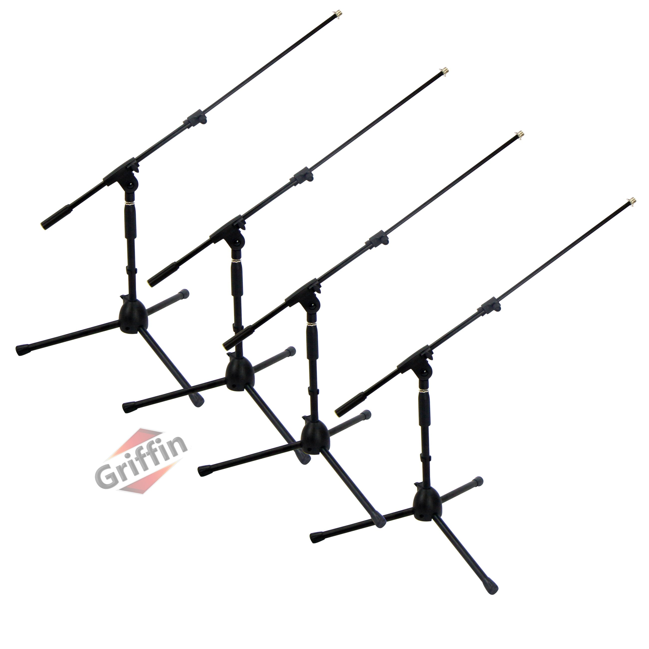 4 PACK - GRIFFIN Low Profile Microphone Stand | Short Tripod Mic Stand Mount with Boom Arm for Bass Drum, Studio Recording, Stage Monitor Speakers & Guitar Amplifiers | Small Height Telescoping Holder GeekStands.com
