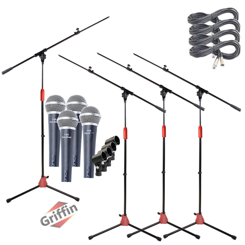 Microphone Stand with Telescoping Boom Arm, 20 Ft XLR Cable (Pack of 4) by GRIFFIN - Handheld Dynamic Mic & Clip  - DJ Pro-Audio Cardioid Singing Mic GeekStands.com