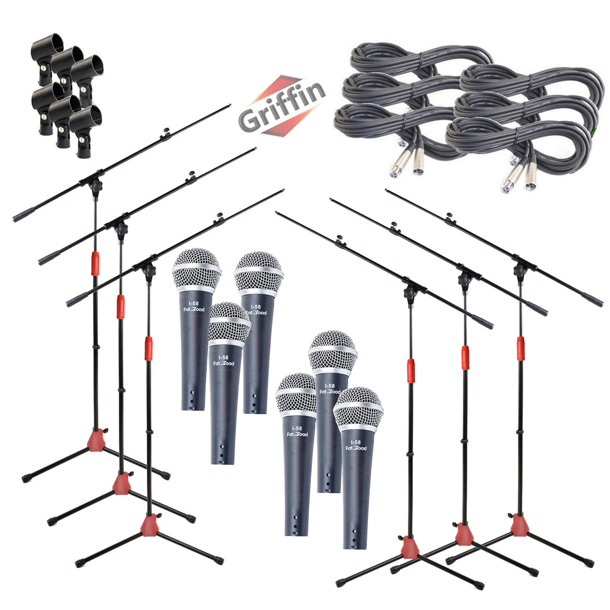 Microphone Boom Stand (GRIFFIN 6 Pack) with Cardioid Vocal Microphones & XLR Mic Cables - Karaoke Holder & Tripod Mount - Handheld Unidirectional Mics GeekStands.com