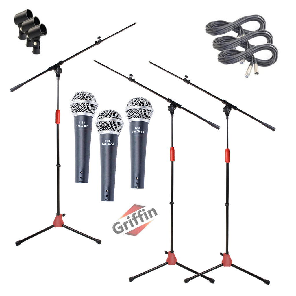 GRIFFIN Microphone Boom Stand & Cardioid Wired Mic, XLR Cable, & Clip (Pack of 3) - Telescoping Arm Holder, Tripod Legs - Karaoke Vocal Singing Stage GeekStands.com