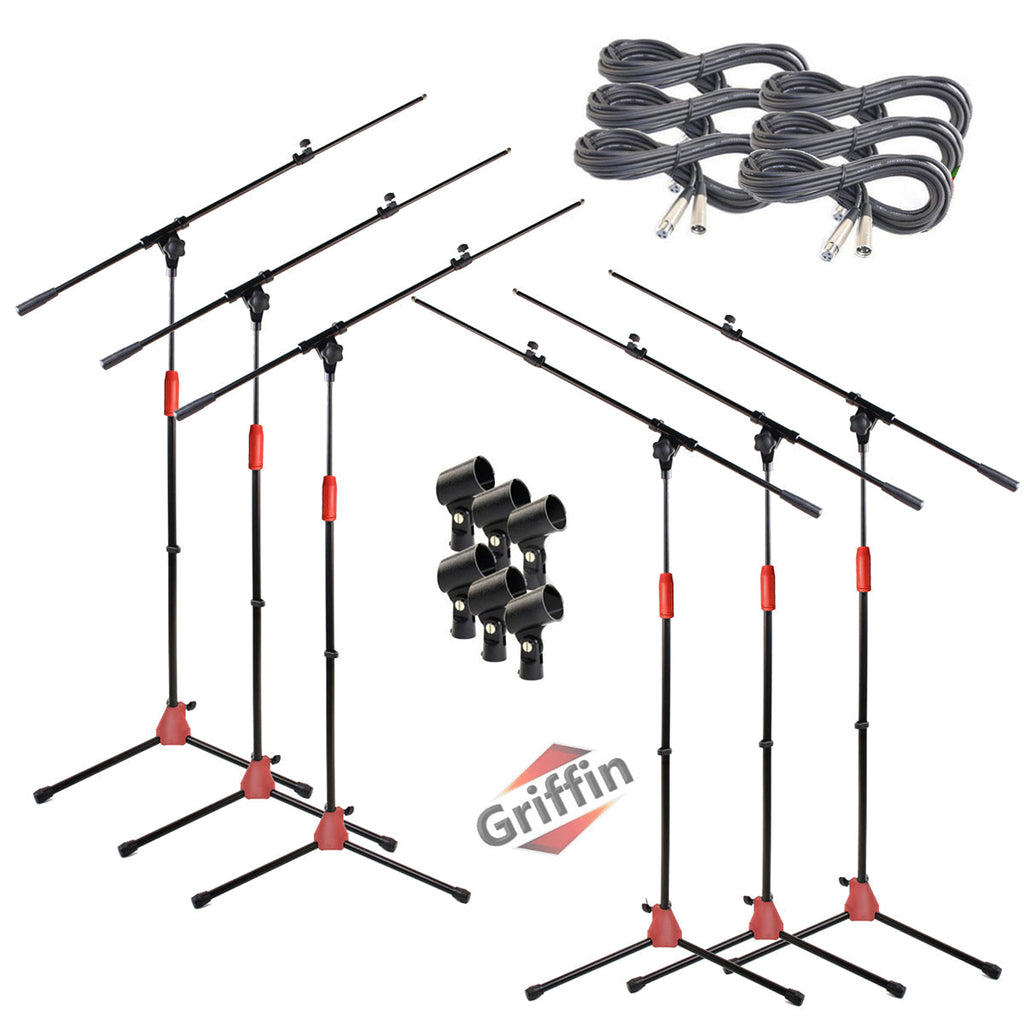 GRIFFIN Microphone Boom Stand (Pack of 6) with XLR Cables & Mic Clip | Telescopic Arm Tripod Legs for Studio Recording Accessories, Singing Vocal Karaoke, DJ Live | 20ft Pro Audio Mic Cord 24 AWG Wire GeekStands.com