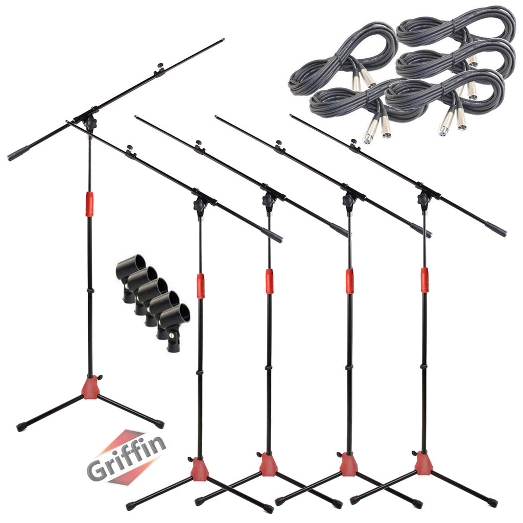 GRIFFIN Microphone Stand (Pack of 5) with XLR Cables & Mic Clip - Telescoping Boom Arm Tripod Legs for Studio Recording Accessories, Singing Vocal GeekStands.com
