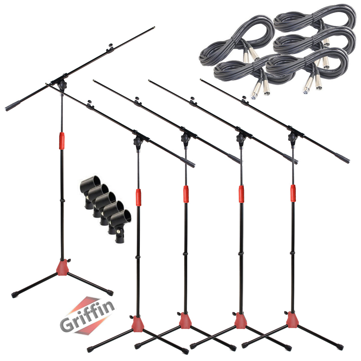 GRIFFIN Microphone Stand (Pack of 5) with XLR Cables & Mic Clip - Telescoping Boom Arm Tripod Legs for Studio Recording Accessories, Singing Vocal GeekStands.com