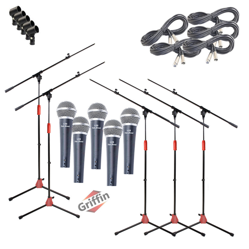 GRIFFIN Microphone Stand Package of 5 with Vocal Unidirectional Mics & XLR Cables - Handheld Cardioid Dynamic Microphones for Home Studio Recording GeekStands.com