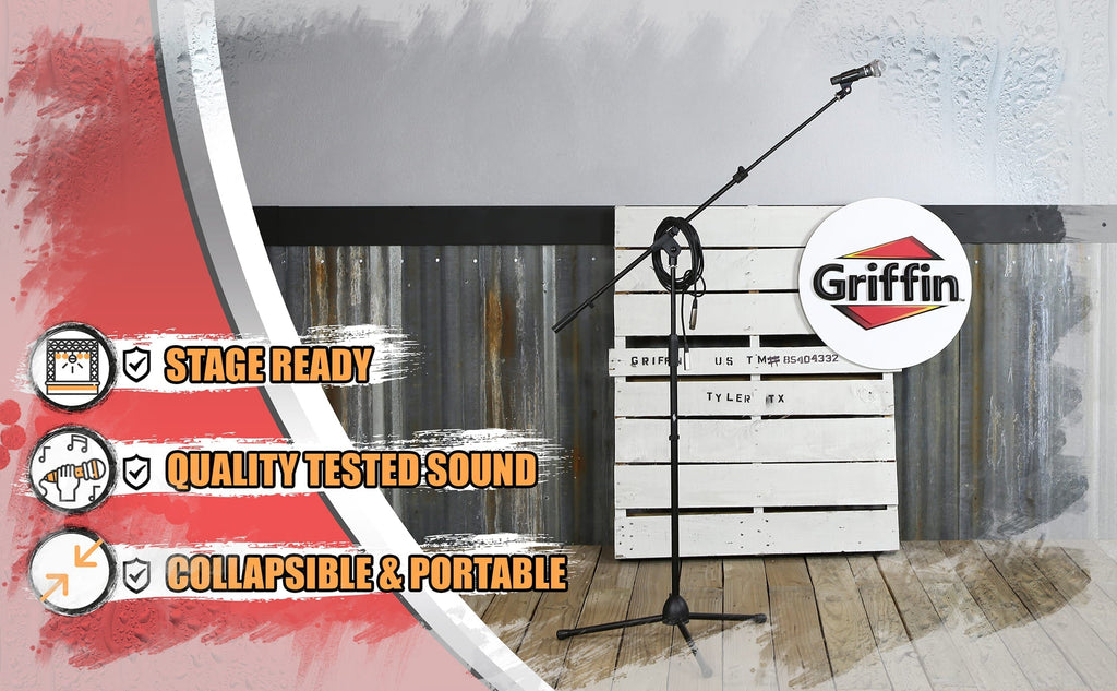Microphone Stand Studio Package by GRIFFIN - Telescoping Boom Arm Mount & Tripod Holder - Singing Handheld Vocal Microphone, 20FT XLR Mic Cable GeekStands.com