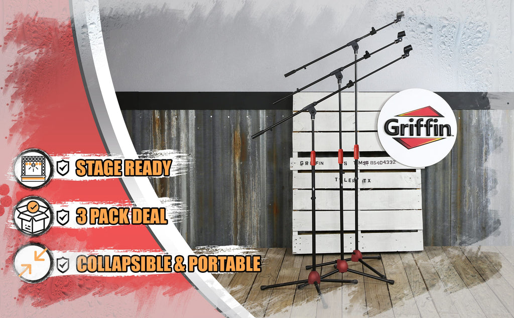 Microphone Stand with Telescopic Boom Arm (Pack of 3) by GRIFFIN - Adjustable Holder Mount For Studio Recording Accessories, Singing Vocal Karaoke GeekStands.com