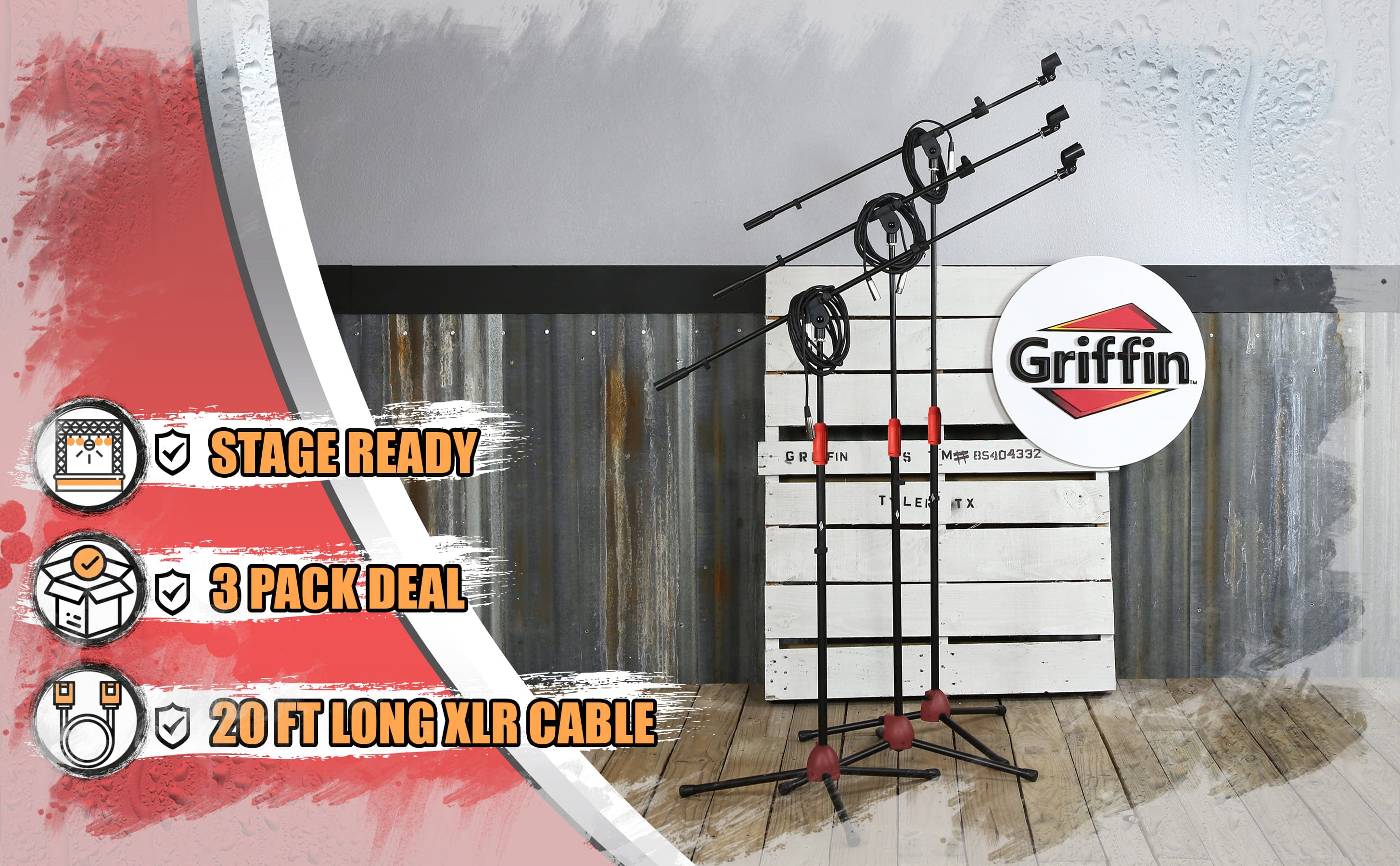 Microphone Boom Stand with XLR Mic Cable & Clip (Pack of 3) by GRIFFIN - Telescoping Arm Tripod Legs for Studio Recording Accessories, Singing Karaoke GeekStands.com