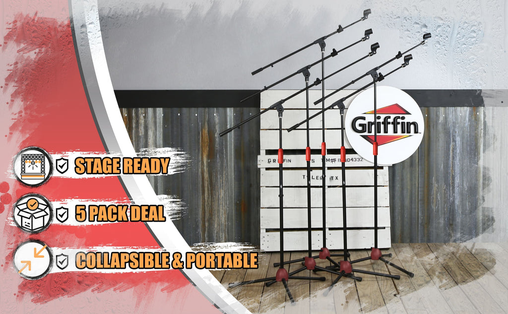 Microphone Boom Stand with Telescopic Arm (Pack of 5) by GRIFFIN - Adjustable Holder Mount For Studio Recording Accessories, Singing Vocal Karaoke GeekStands.com
