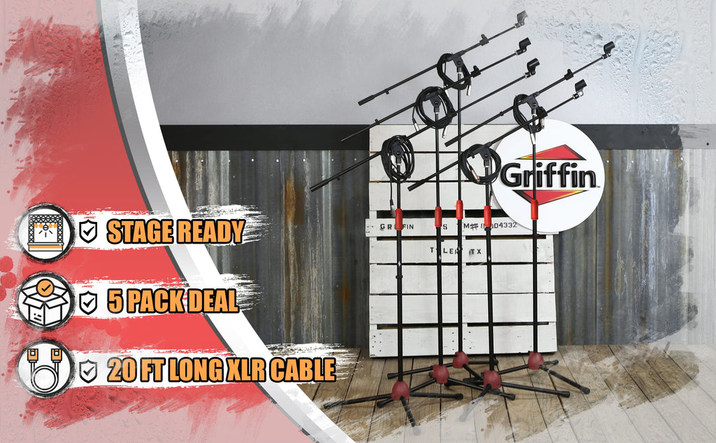 GRIFFIN Microphone Stand (Pack of 5) with XLR Cables & Mic Clip - Telescoping Boom Arm Tripod Legs for Studio Recording Accessories, Singing Vocal GeekStands.com