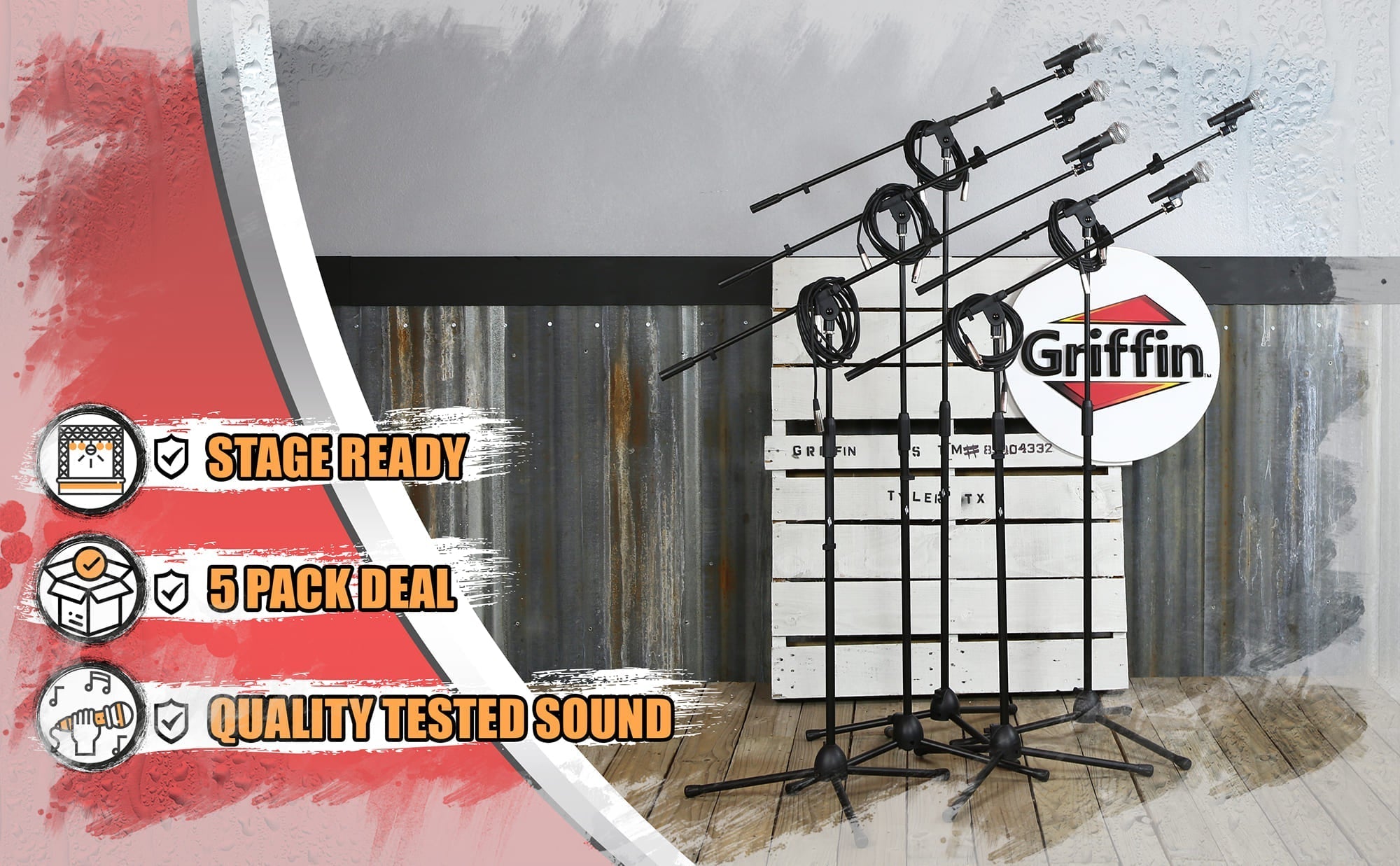 GRIFFIN Microphone Stand Package of 5 with Vocal Unidirectional Mics & XLR Cables - Handheld Cardioid Dynamic Microphones for Home Studio Recording GeekStands.com