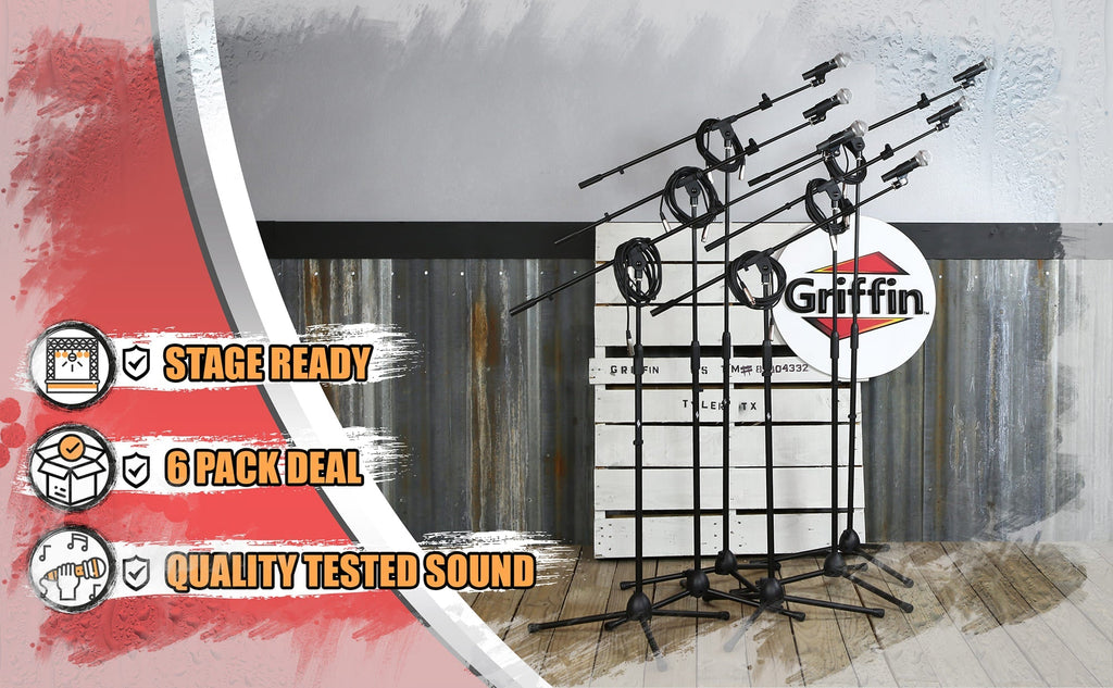 Microphone Boom Stand (GRIFFIN 6 Pack) with Cardioid Vocal Microphones & XLR Mic Cables - Karaoke Holder & Tripod Mount - Handheld Unidirectional Mics GeekStands.com