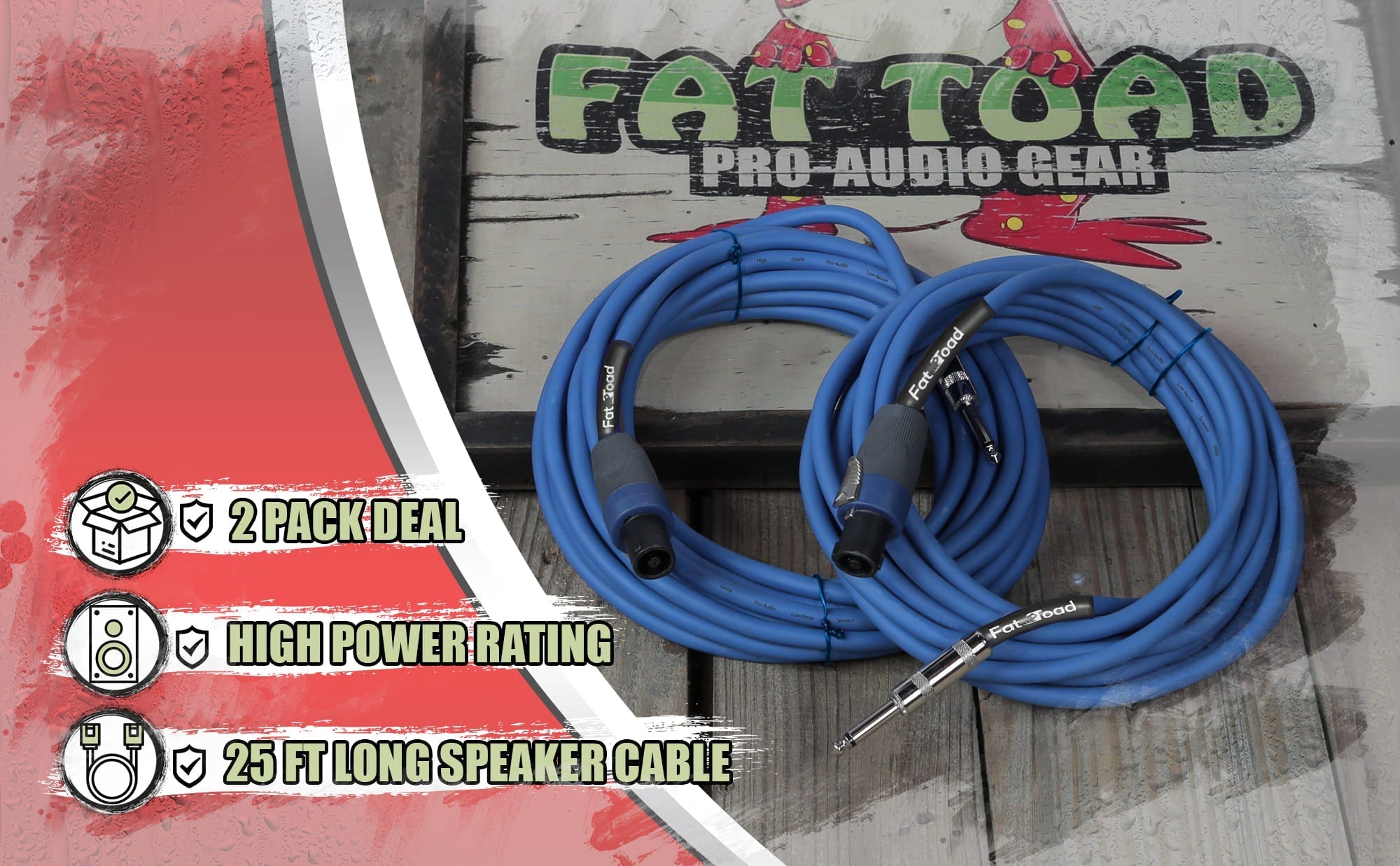 Speakon to 1/4" Male Cables (2 Pack) by FAT TOAD - 25 ft Professional Pro Audio Blue DJ Speaker PA Cord with Twist Lock Connector - 12 AWG Wire GeekStands.com