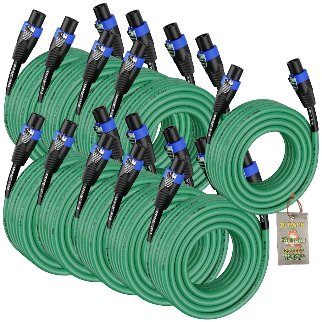 10 PACK - Speakon to Speakon Speaker Cables by FAT TOAD | 25ft Professional DJ Pro Audio Green PA Cords with Twist Lock Connector | 12 AWG Wire for Impeccable Studio Recording & Stage Performance Gear GeekStands.com