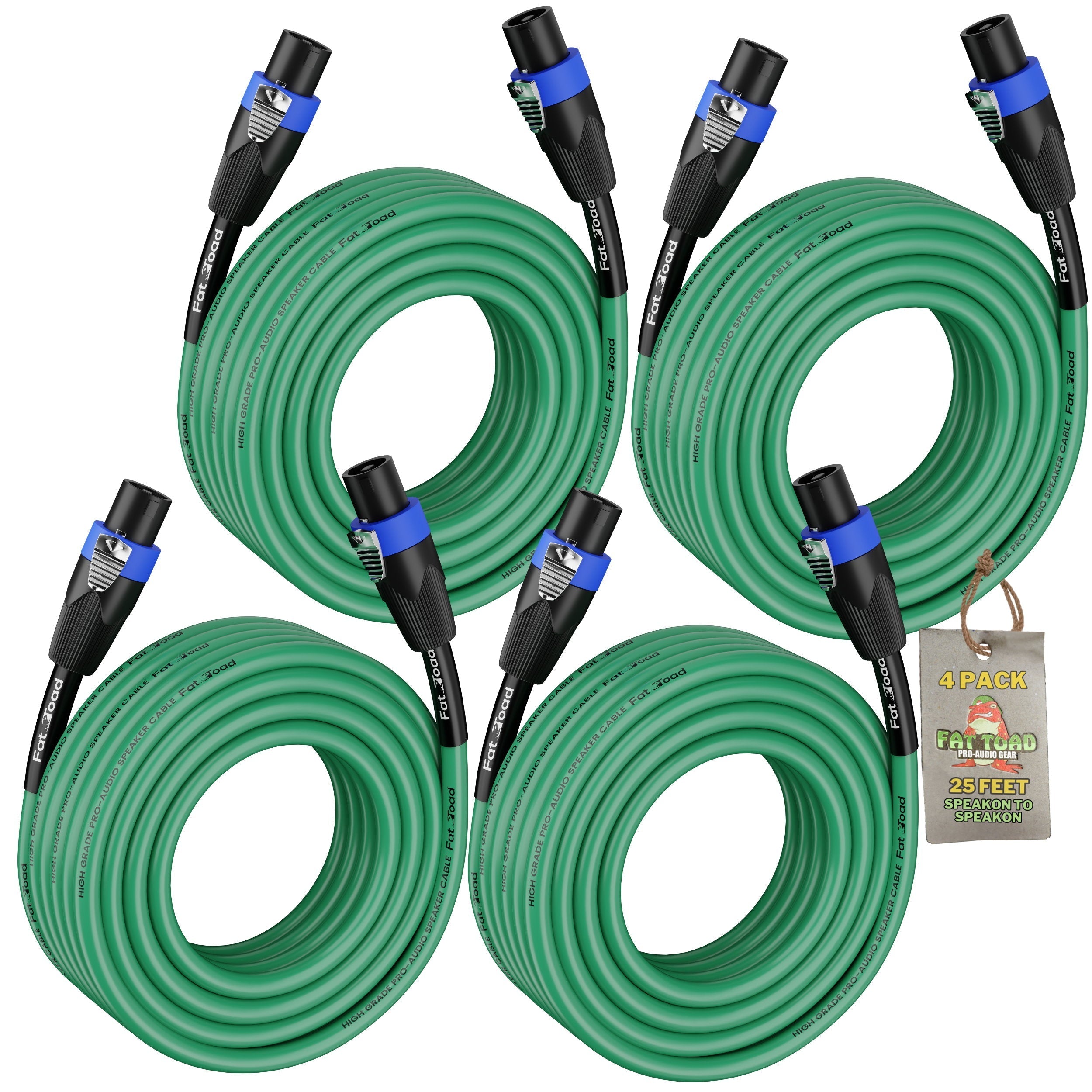 4 PACK - Speakon to Speakon Speaker Wires by FAT TOAD | 25ft Professional DJ Pro Audio Green PA Cords with Twist Lock Connector | 12 AWG Cables for Impeccable Studio Recording & Stage Performance Gear GeekStands.com
