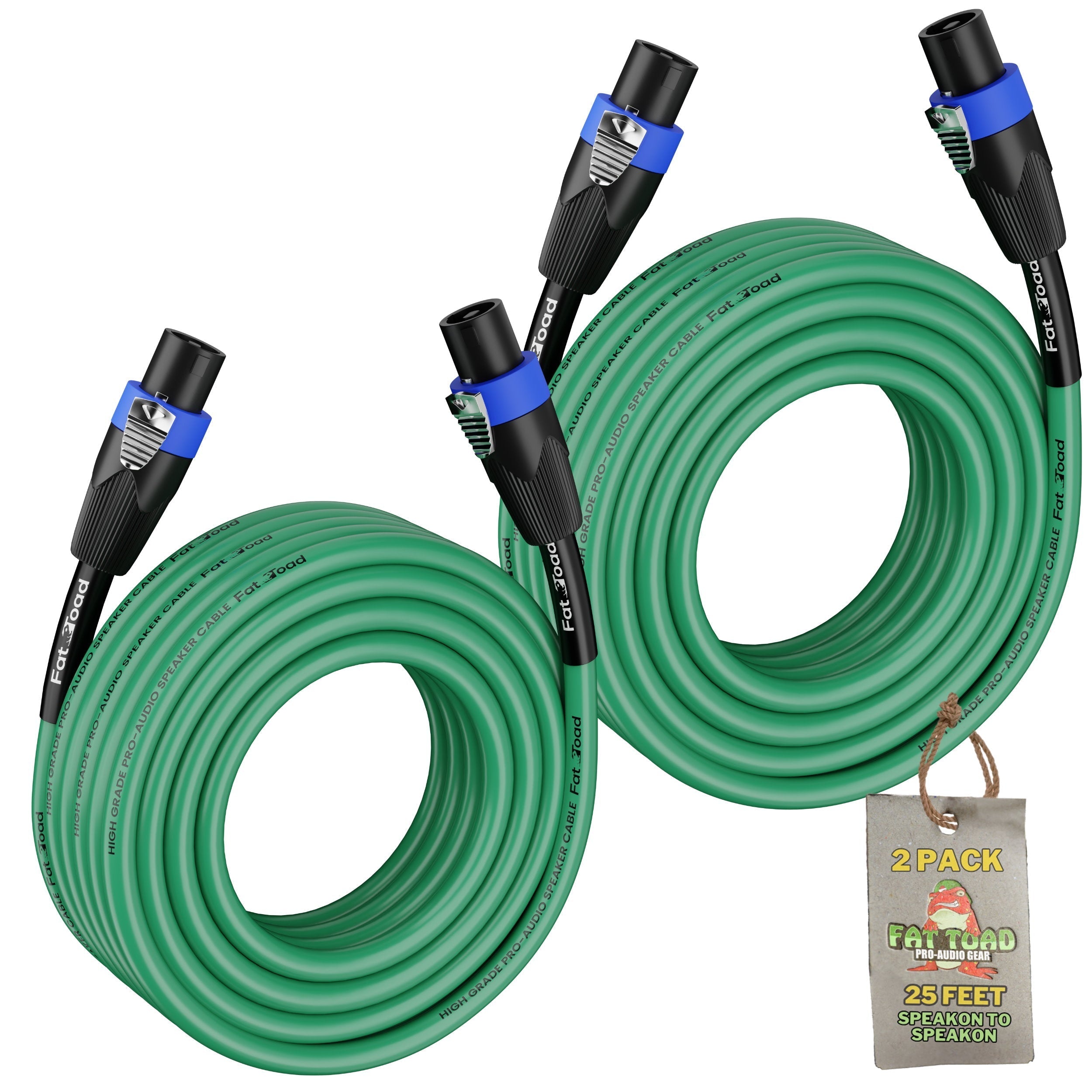 Speakon to Speakon Cables (2 Pack) by FAT TOAD - 25ft Professional DJ Pro Audio Green Speaker PA Cord w/ Twist Lock Connector - 12 AWG Wire for Studio GeekStands.com
