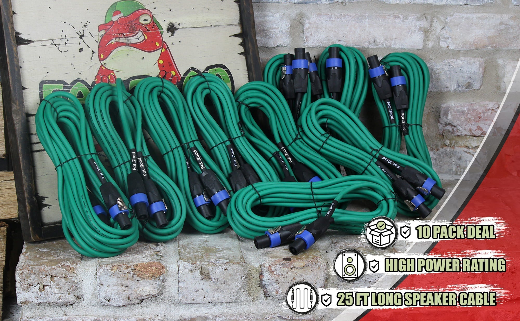 10 PACK - Speakon to Speakon Speaker Cables by FAT TOAD | 25ft Professional DJ Pro Audio Green PA Cords with Twist Lock Connector | 12 AWG Wire for Impeccable Studio Recording & Stage Performance Gear GeekStands.com