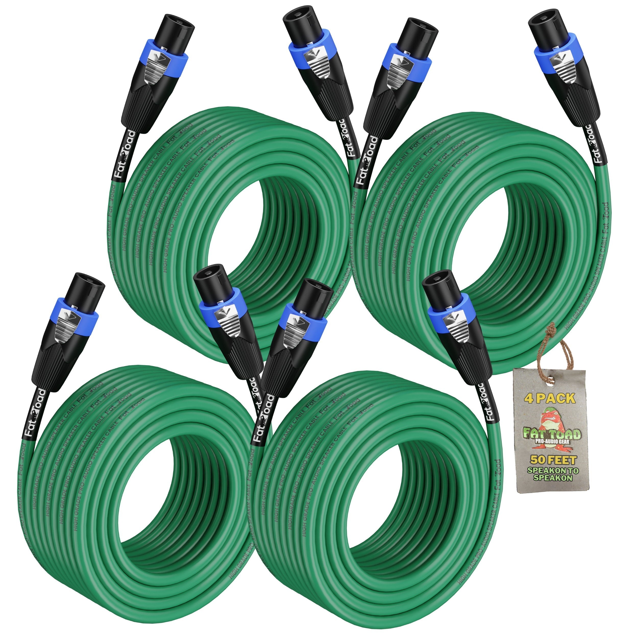 4 PACK - 50FT Speakon to Speakon Speaker Cables by FAT TOAD | Professional DJ Pro Audio Green PA Cords with Twist Lock Connector | 12 AWG Wires for Impeccable Studio Recording & Stage Gear GeekStands.com