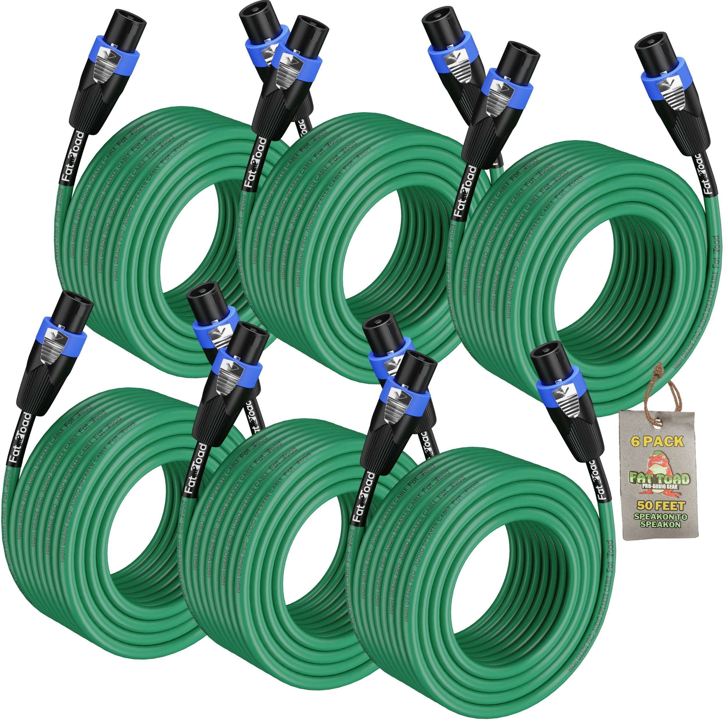 50FT Speakon to Speakon Speaker Cables (6-Pack) by FAT TOAD - DJ Pro Audio Green PA Cords with Twist Lock Connector - 12 AWG Wires for Studio Recording & Stage Gear GeekStands.com