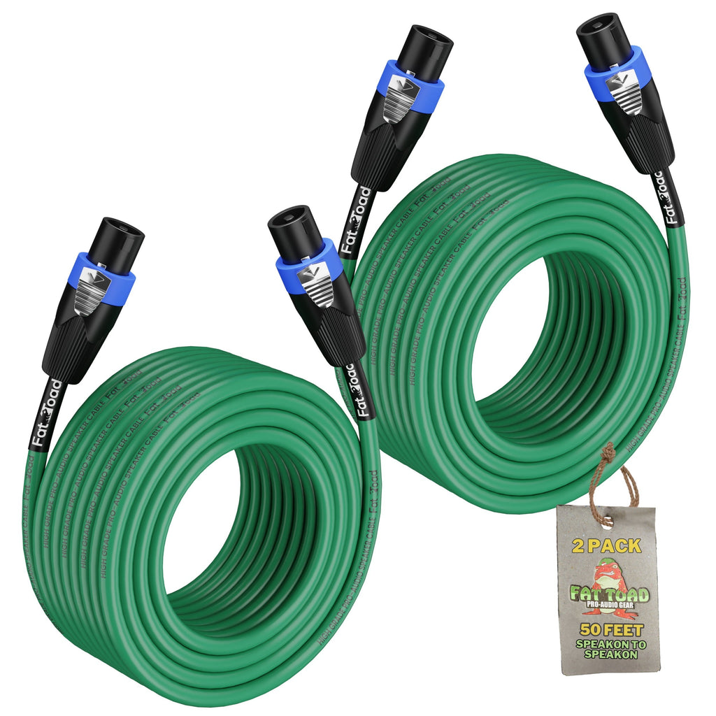 Speakon to Speakon Cables (2 Pack) by FAT TOAD - 50ft Professional Pro Audio Green Speaker PA Cord with Twist Lock Connector - 12 AWG Wire for Studio GeekStands.com