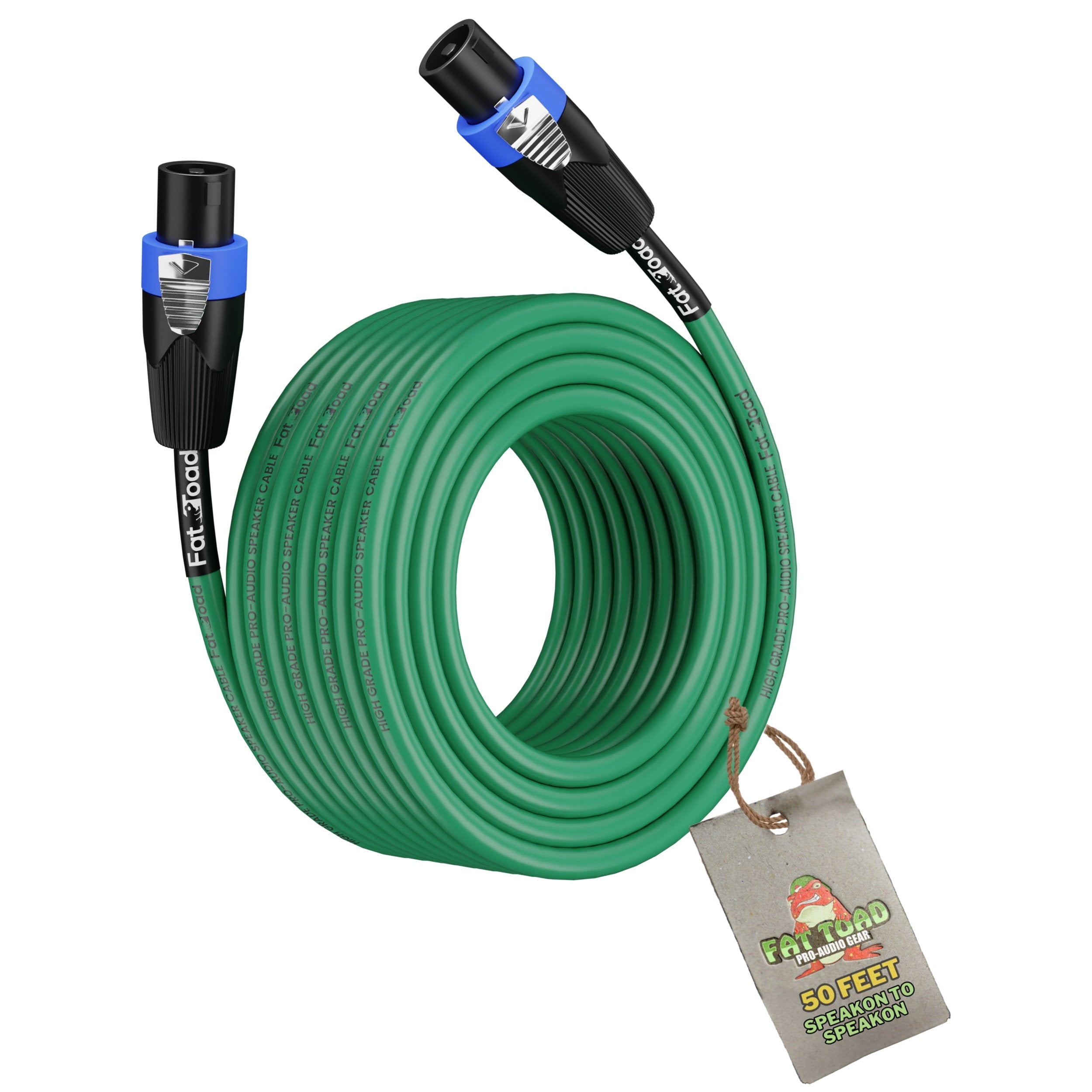 Speakon to Speakon Cable by FAT TOAD | 50ft Professional 12GA Pro Audio Green Speaker PA Cord with Twist Lock Connector | 12 AWG Wire for Impeccable Music Studio Recording & DJ Stage Performance Gear GeekStands.com