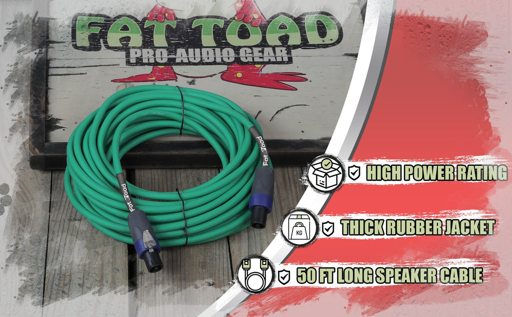 Speakon to Speakon Cable by FAT TOAD - 50ft Professional 12GA Pro Audio Green Speaker PA Cord w/ Twist Lock Connector - 12 AWG Wire for Music Studio GeekStands.com