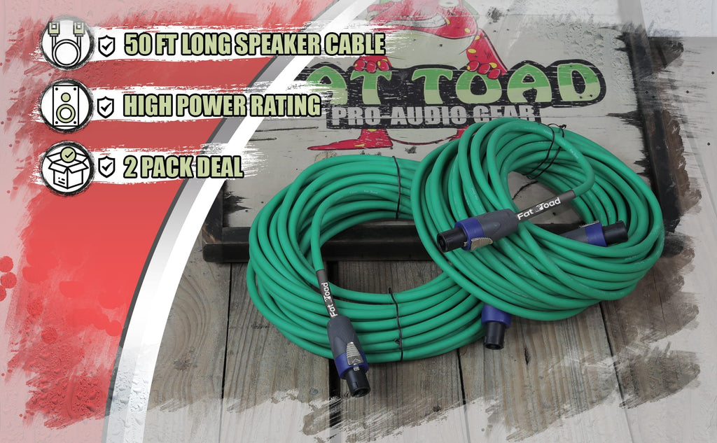 Speakon to Speakon Cables (2 Pack) by FAT TOAD - 50ft Professional Pro Audio Green Speaker PA Cord with Twist Lock Connector - 12 AWG Wire for Studio GeekStands.com