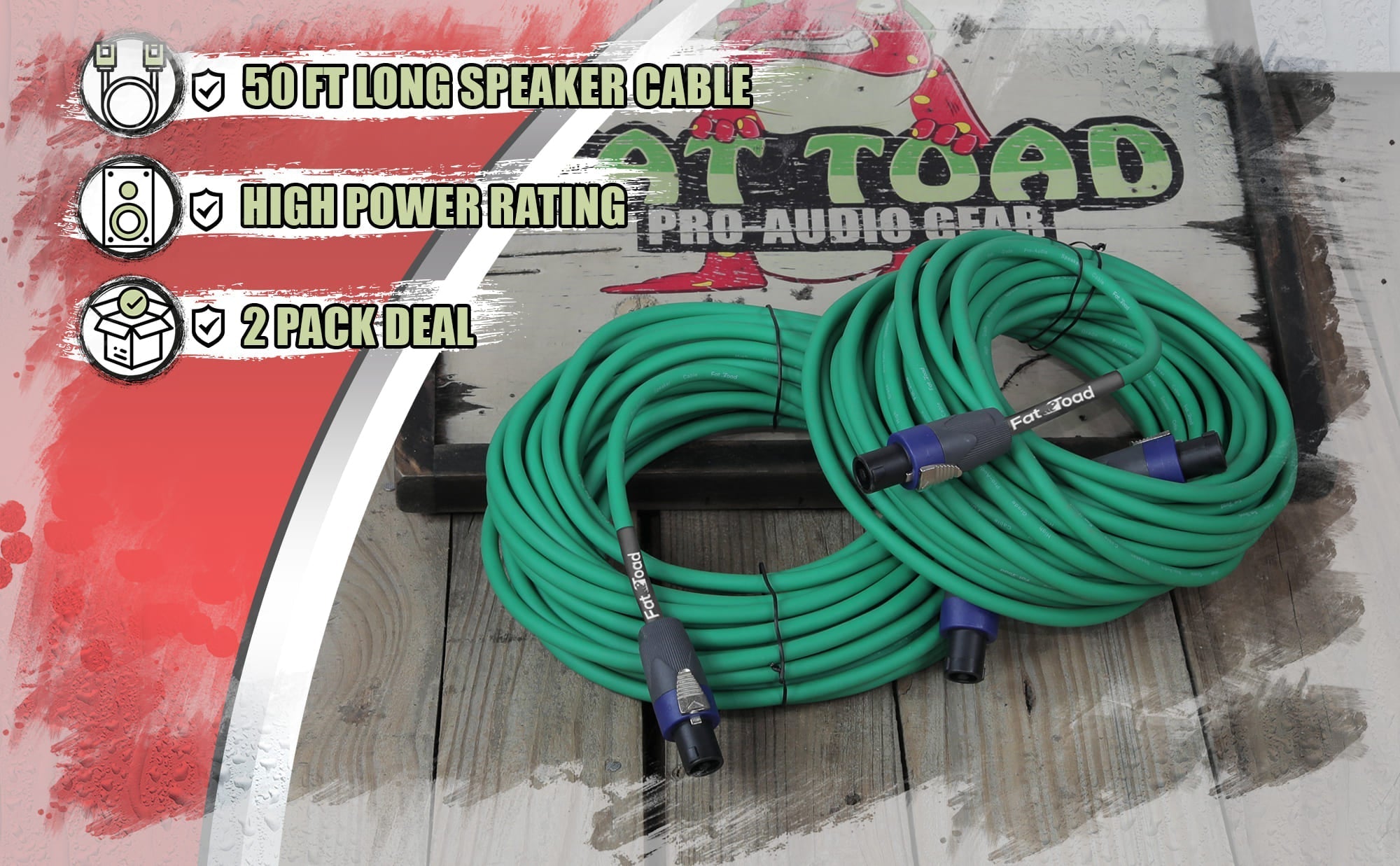 Speakon to Speakon Cables (2 Pack) by FAT TOAD - 50ft Professional Pro Audio Green Speaker PA Cord with Twist Lock Connector - 12 AWG Wire for Studio GeekStands.com