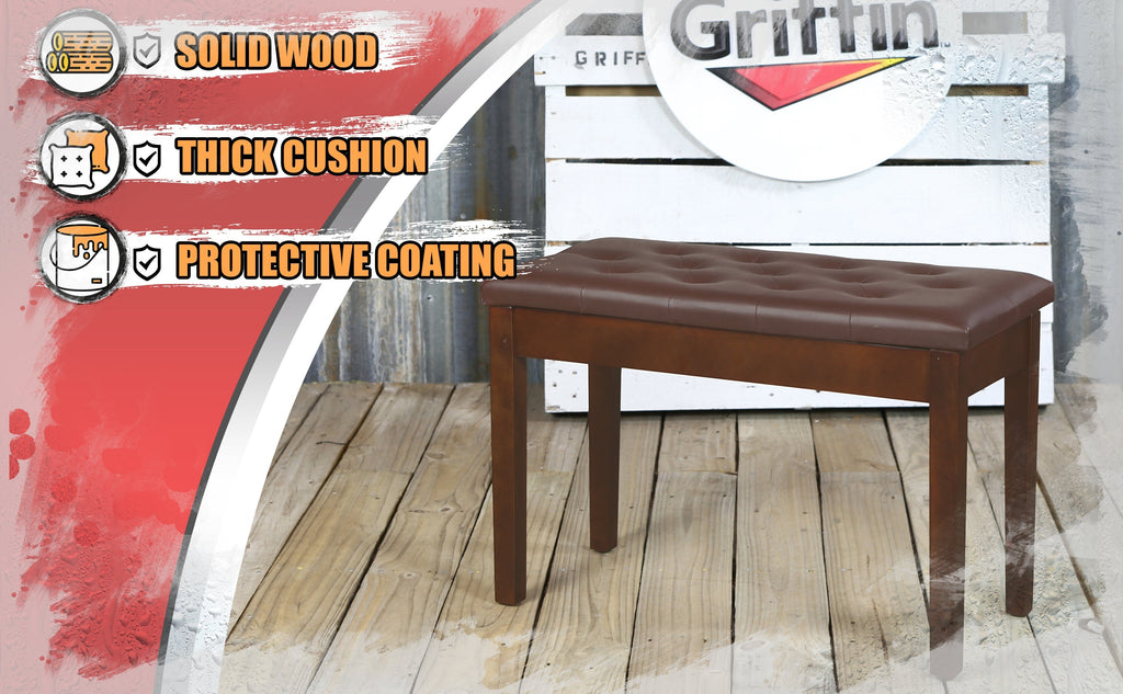 GRIFFIN Brown Wood PU Leather Piano Bench - Double Vintage Design, Ergonomic Chair Musicians Keyboard Stool - Cushion Duet Seat & Sheet Music Storage GeekStands.com