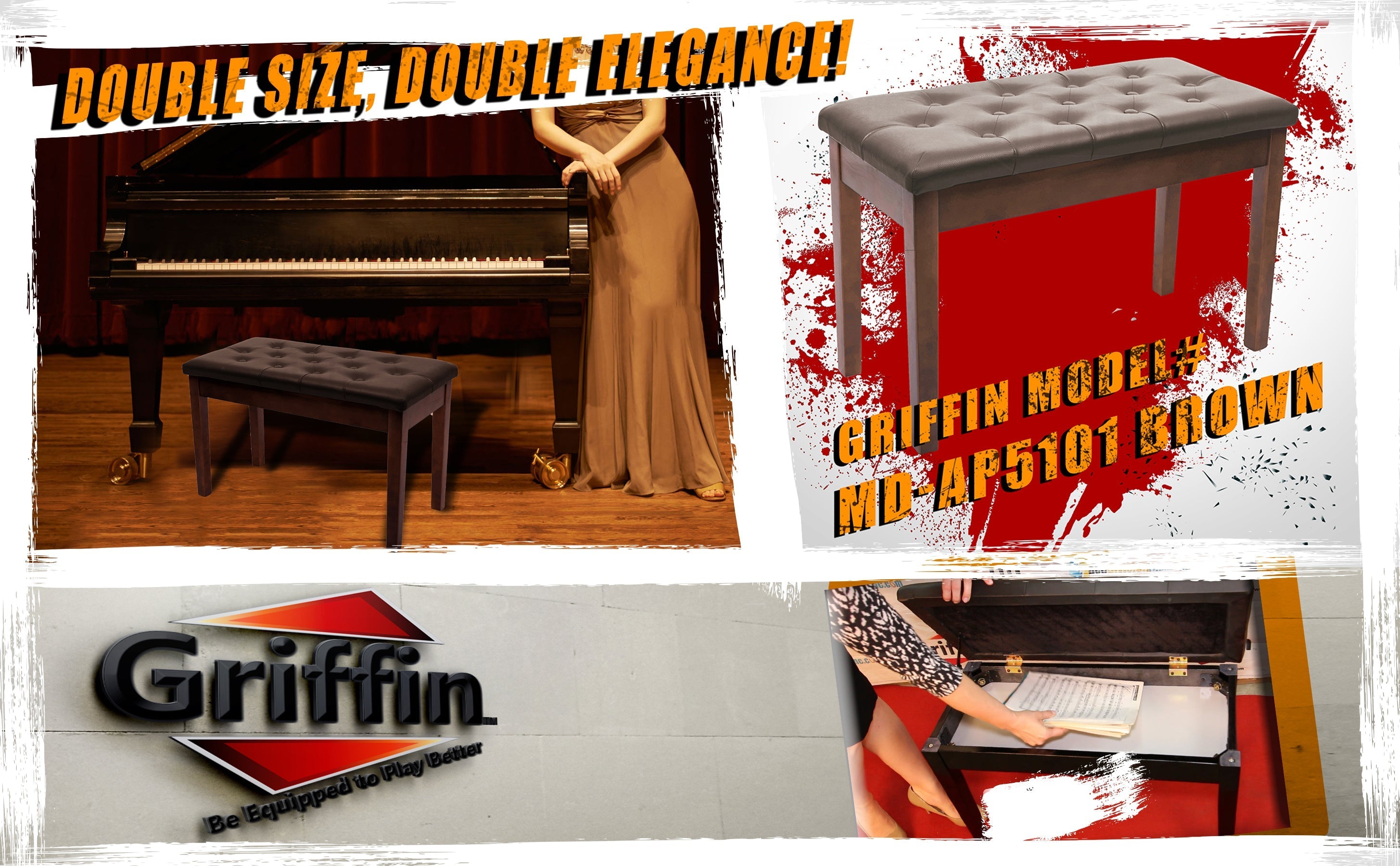 GRIFFIN Brown Wood PU Leather Piano Bench - Double Vintage Design, Ergonomic Chair Musicians Keyboard Stool - Cushion Duet Seat & Sheet Music Storage GeekStands.com