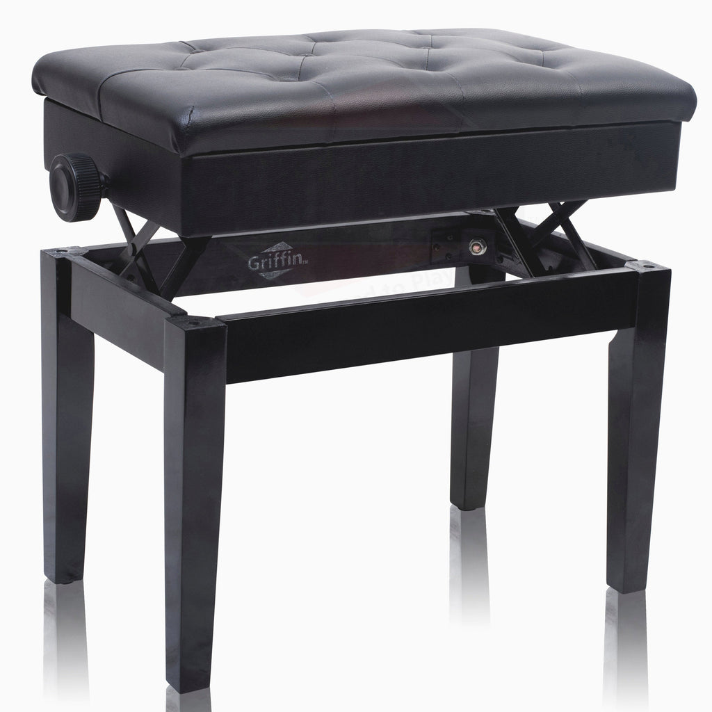 GRIFFIN Premium Antique Piano Bench - Adjustable Black Solid Wood Frame & PU Leather Padded Cushion - Vintage Ergonomic Musicians Keyboard Chair GeekStands.com