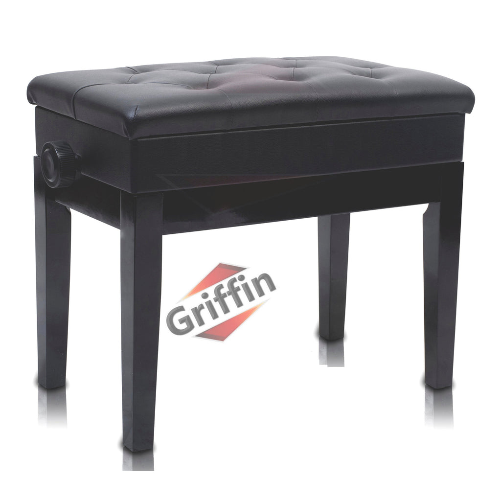 GRIFFIN Premium Antique Piano Bench | Adjustable Black Solid Wood Frame & PU Leather Padded Cushion | Vintage Ergonomic Musicians Keyboard Chair | Guitar Stool, Home Vanity Bench | Sheet Music Storage GeekStands.com