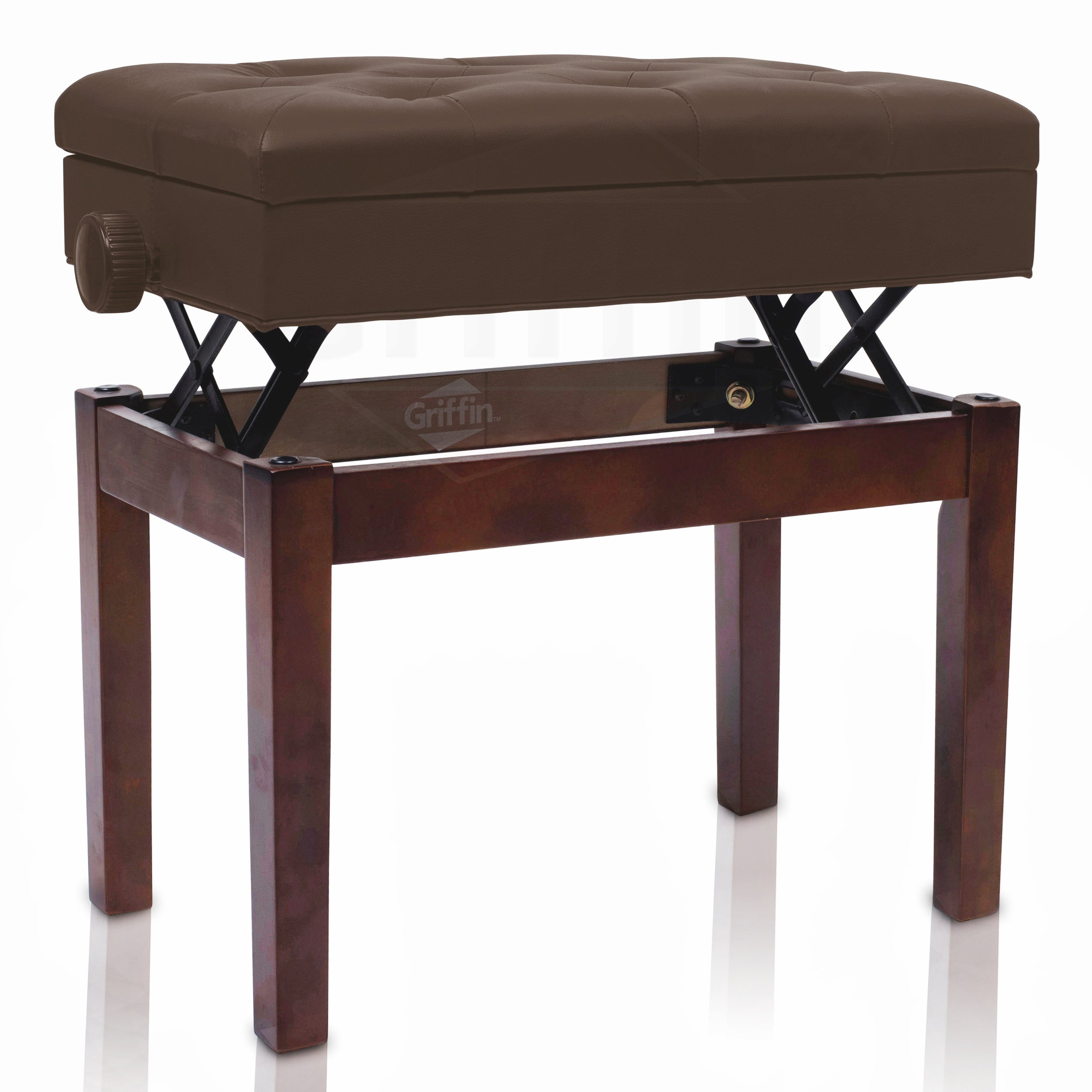 Adjustable Piano Brown PU Leather Bench by GRIFFIN - Vintage Stylish Design, Heavy-Duty & Ergonomic Keyboard Stool - Comfortable Seat & Hidden Storage GeekStands.com