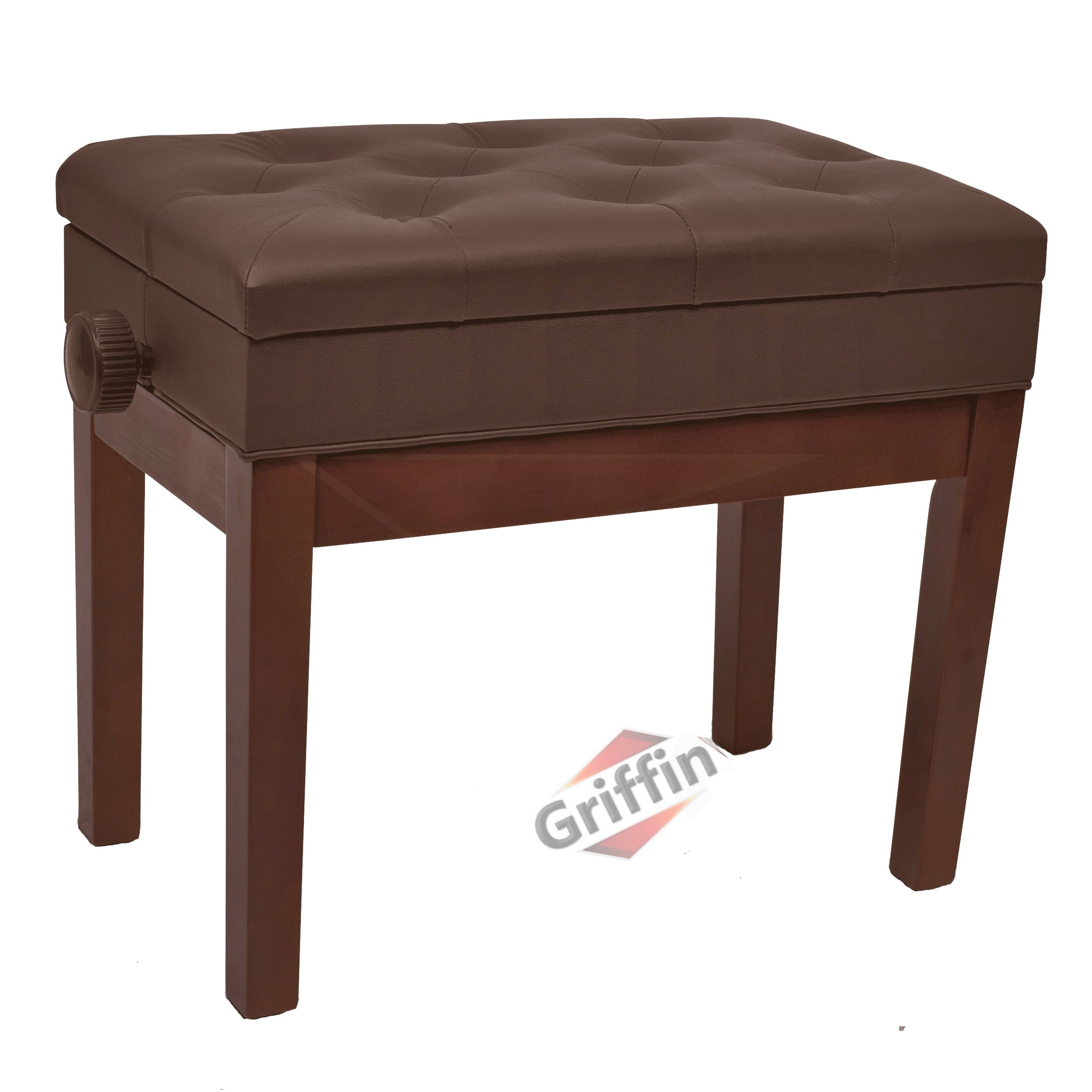 Adjustable Piano Brown PU Leather Bench by GRIFFIN | Vintage Stylish Design, Heavy-Duty & Ergonomic Keyboard Stool | Comfortable Seat & Convenient Hidden Storage Space Perfect For Home & Professional GeekStands.com