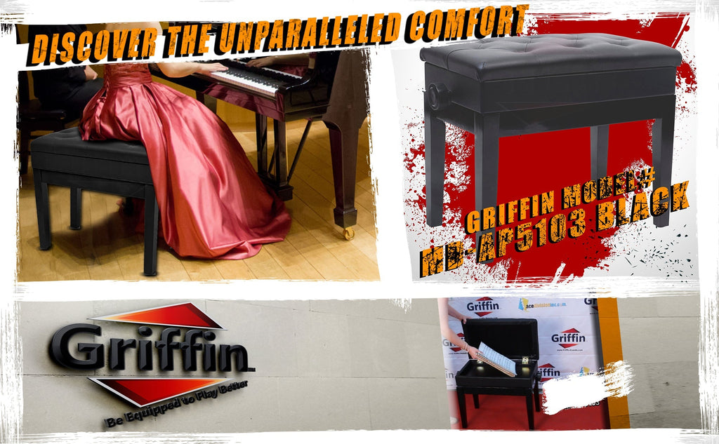 GRIFFIN Premium Antique Piano Bench | Adjustable Black Solid Wood Frame & PU Leather Padded Cushion | Vintage Ergonomic Musicians Keyboard Chair | Guitar Stool, Home Vanity Bench | Sheet Music Storage GeekStands.com