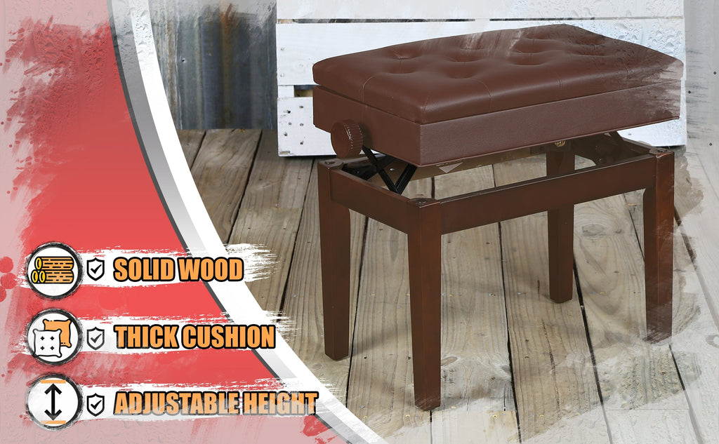 Adjustable Piano Brown PU Leather Bench by GRIFFIN - Vintage Stylish Design, Heavy-Duty & Ergonomic Keyboard Stool - Comfortable Seat & Hidden Storage GeekStands.com