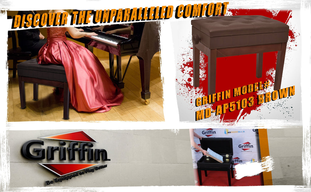 Adjustable Piano Brown PU Leather Bench by GRIFFIN - Vintage Stylish Design, Heavy-Duty & Ergonomic Keyboard Stool - Comfortable Seat & Hidden Storage GeekStands.com