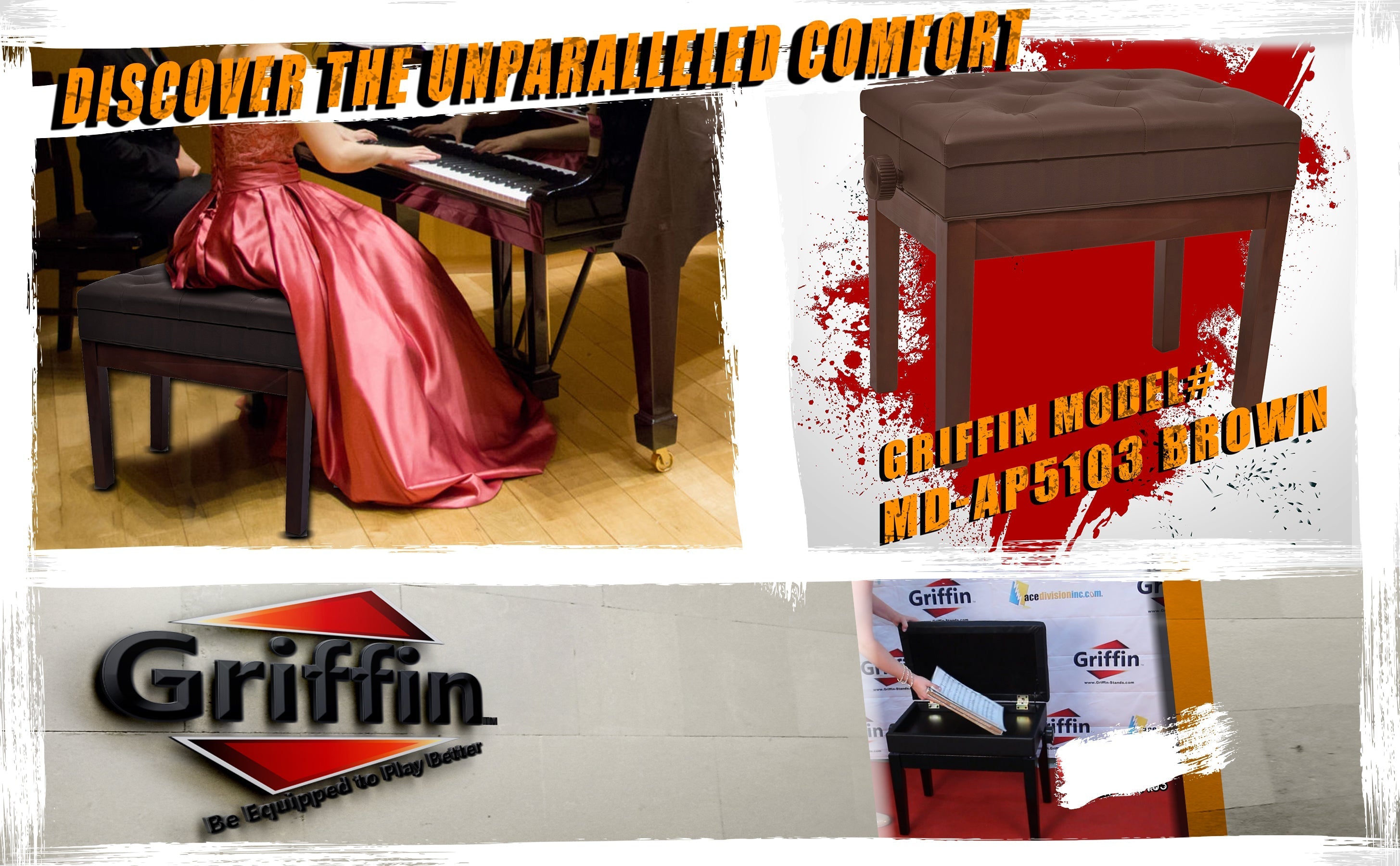 Adjustable Piano Brown PU Leather Bench by GRIFFIN - Vintage Stylish Design, Heavy-Duty & Ergonomic Keyboard Stool - Comfortable Seat & Hidden Storage GeekStands.com