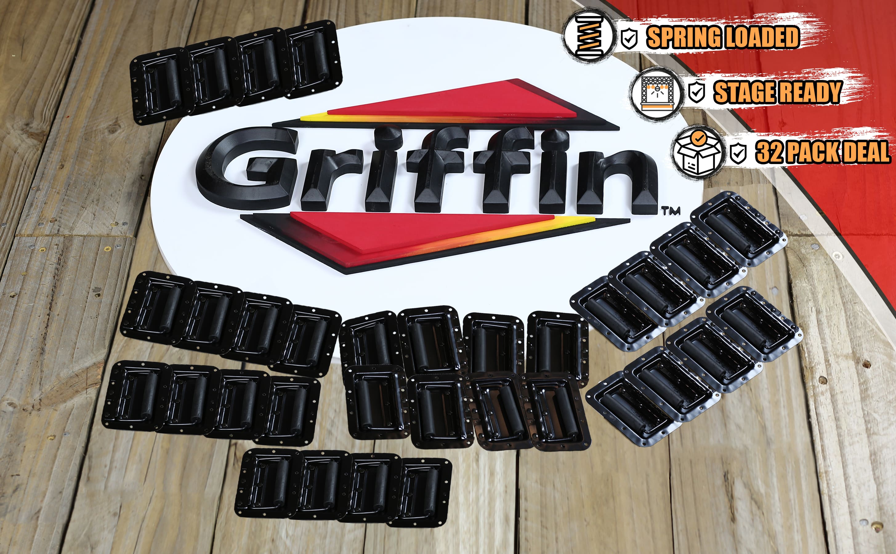 32 PACK -  Metal Flip Speaker Cabinet Handles for Rack Road Flight Trunk by GRIFFIN | Spring Loaded Flush Pull with Black Grip Rubber Padding for Chest Carry Case | DJ PA Pro-Audio Stage Gear Parts GeekStands.com