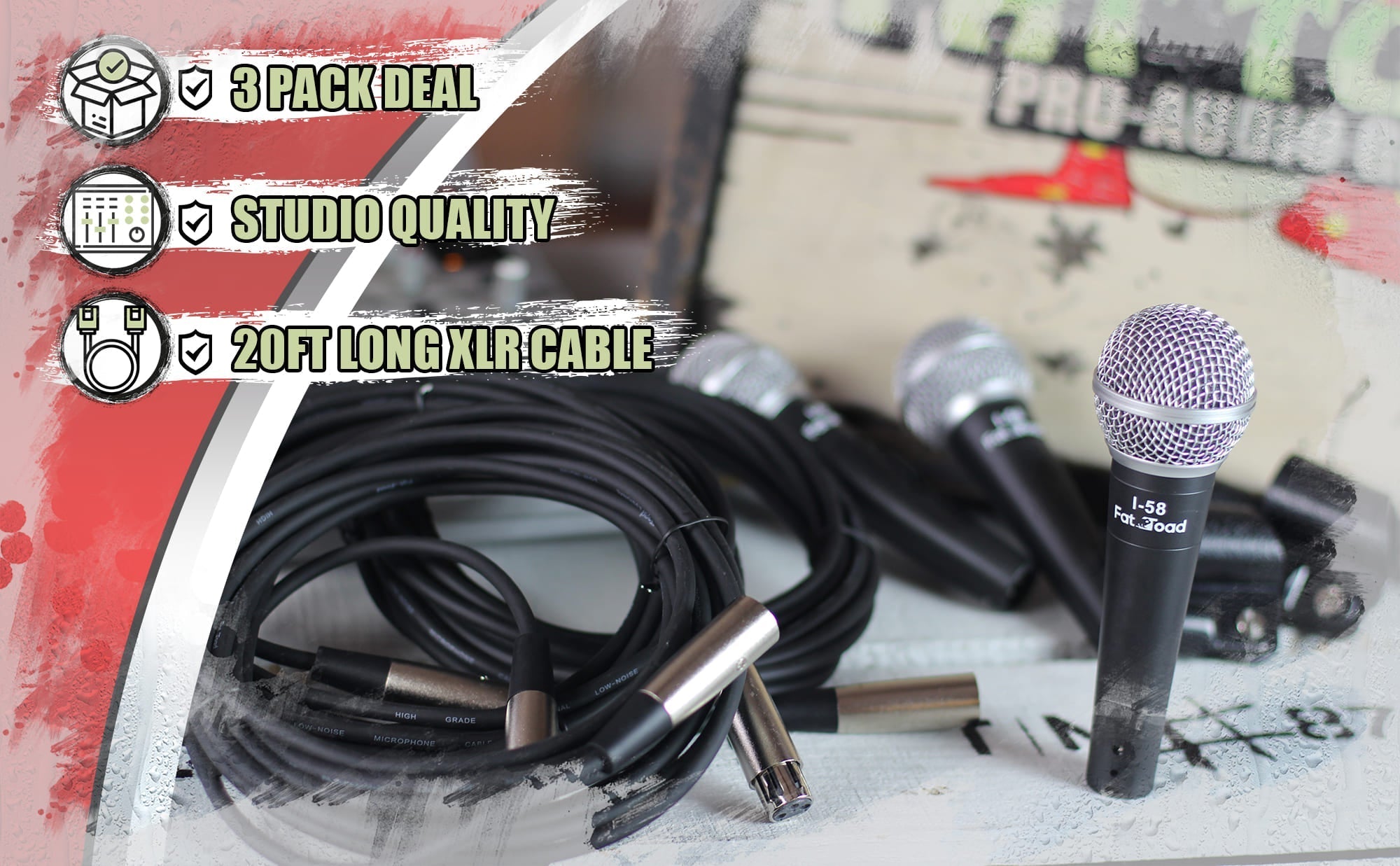 Dynamic Vocal Microphones with XLR Mic Cables & Clips (3 Pack) by FAT TOAD - Cardioid Handheld, Unidirectional for Home Music Live Studio Recording GeekStands.com