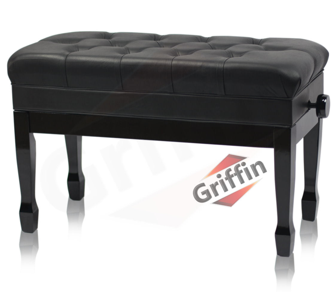 GRIFFIN Genuine Leather Piano Bench - Oversize Duet Vintage Black Solid Wood & Ergonomic Keyboard Stool - 2 Person Cushion Seat & Sheet Music Storage GeekStands.com