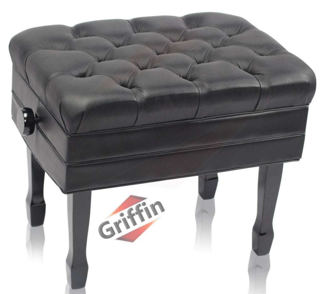 Genuine Leather Adjustable Piano Bench by GRIFFIN - Black Solid Wood Vintage Style & Heavy-Duty Ergonomic Keyboard Stool - Cushion Seat With Storage GeekStands.com
