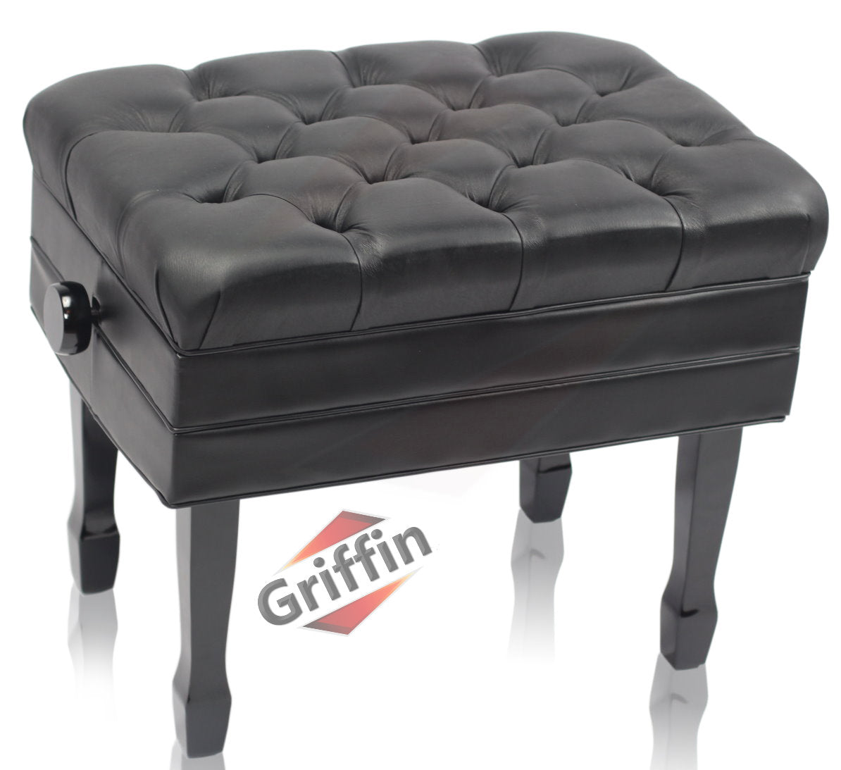 Genuine Leather Adjustable Piano Bench by GRIFFIN - Black Solid Wood Vintage Style & Heavy-Duty Ergonomic Keyboard Stool - Cushion Seat With Storage GeekStands.com