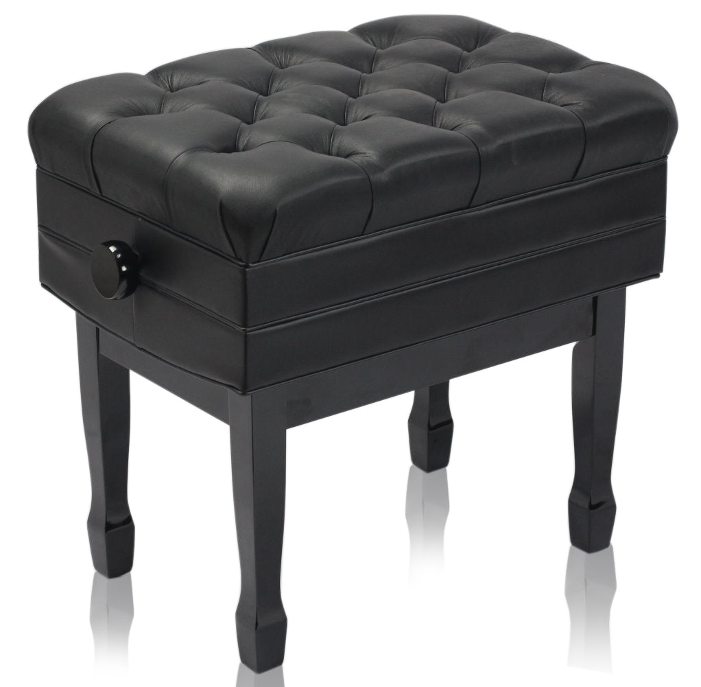 Genuine Leather Adjustable Piano Bench by GRIFFIN - Black Solid Wood Vintage Style & Heavy-Duty Ergonomic Keyboard Stool - Cushion Seat With Storage GeekStands.com
